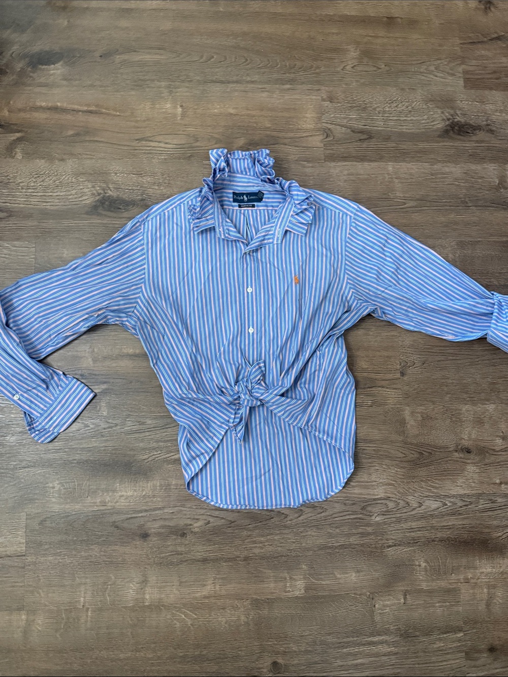 Upcycled Ralph Lauren Blue Orange stripe Button-Down Shirt ruffled collar size L